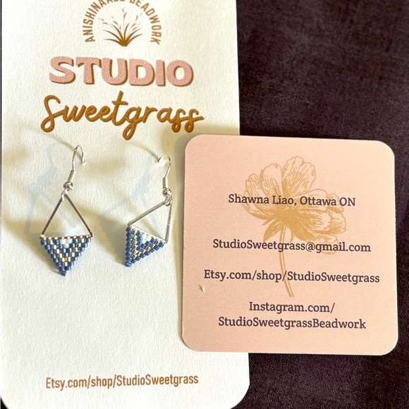 Silver and Blue Beaded Triangle Earrings - Picture 5 of 6